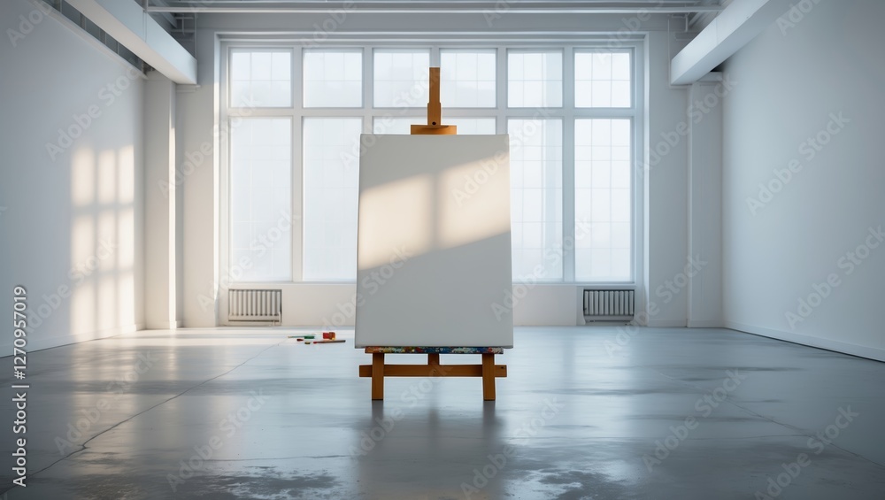 Aufkleber blank canvas on an easel in a spacious art gallery with natural light and minimalistic design