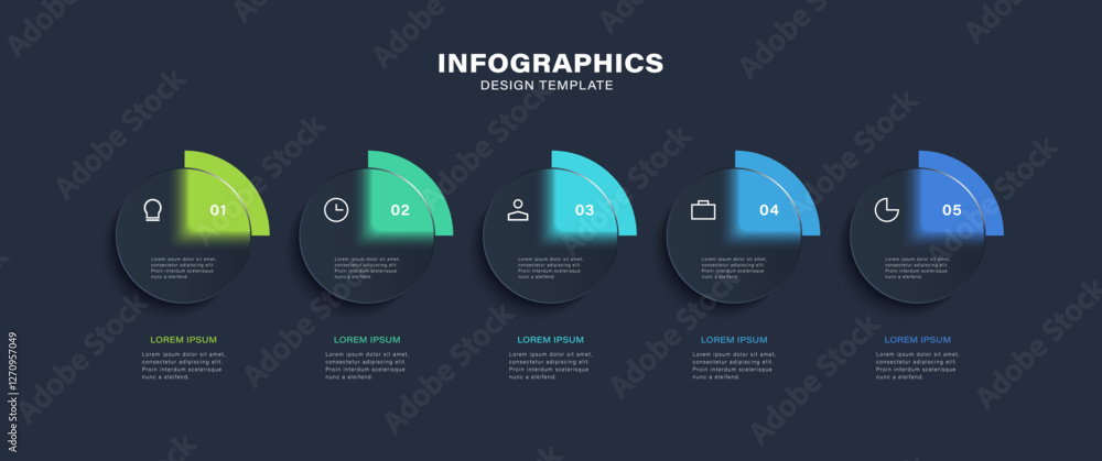 Poster glass morphism infographic design template with 5 steps. deep blue vector design