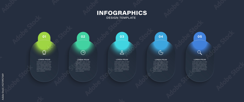 Poster glass morph inforgraphic 5 steps for presentation, web element or ui ux objects. vector illustration