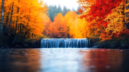 A serene waterfall flows through vibrant autumn foliage, showcasing brilliant orange and red leaves against a tranquil blue water backdrop.