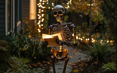 A skeleton mail carrier delivering letters to houses