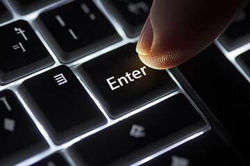 A close-up shot showcasing a finger pressing the 'Enter' key on a backlit keyboard, symbolizing action, decision-making, and technological interaction in the digital age.