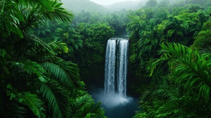 A lush jungle surrounds a magnificent waterfall, cascading down into a serene pool, enveloped by vibrant greenery and misty mountains.
