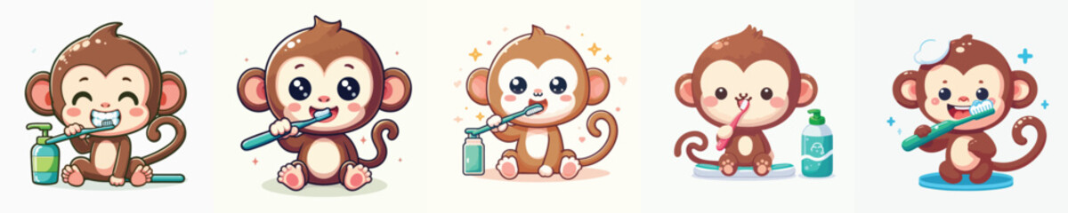vector of cute monkey brushing his teeth