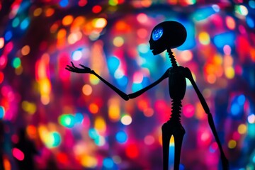 Obraz premium Colorful lights illuminate a skeletal figure in a festive display during a vibrant celebration