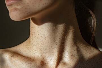 Fototapeta premium Intimate close-up showcasing a woman's neck and shoulders adorned with natural freckles, highlighted by soft sunlight, emphasizing beauty in simplicity and skin details.