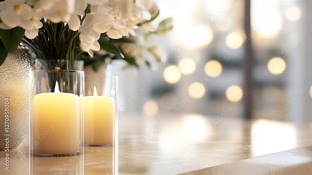 Poster serene composition of elegant candles placed in clear glass containers creating a peaceful and calmi