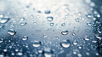 A close-up of water droplets on a glass surface, with light creating an intricate pattern on the droplets and soft shadows in the background