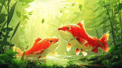 Two vibrant orange fish swim in a lush, green underwater environment.