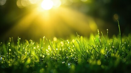 Fototapeta premium A close-up shot of lush green grass with sunlight streaming through, creating a vibrant and refreshing natural scene