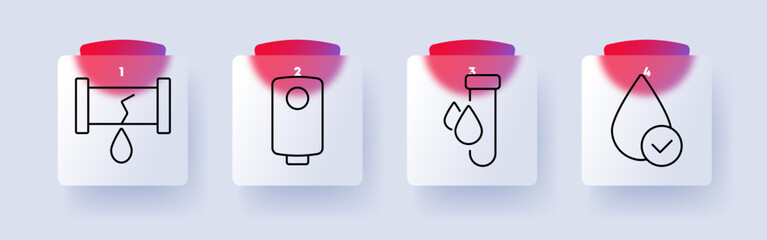 Plumbing set icon. Pipe leak, water heater, dripping faucet, water quality, household, repair, maintenance, safety, efficiency, home system, plumbing issue, conservation, liquid.