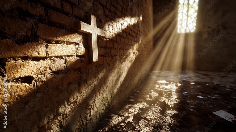 Poster sunlight illuminating rustic room with cross on wall symbolizing hope and faith : generative ai