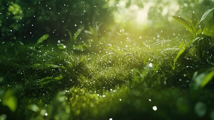 A close-up view of fresh green grass with dewdrops glistening in the sunlight, creating a tranquil and serene atmosphere