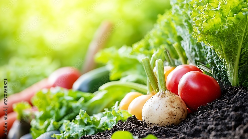 Poster vibrant fresh vegetables displayed in soil perfect for farm to table recipes : generative ai