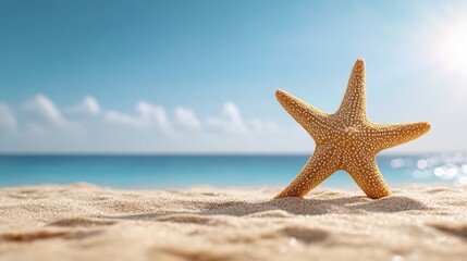 Fototapeta na wymiar Close Up of a Starfish on a Sandy Beach Under a Bright Blue Sky by the Ocean