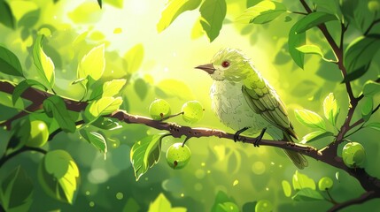 Obraz premium A vibrant, animated bird perched on a branch surrounded by lush green leaves and fruit.