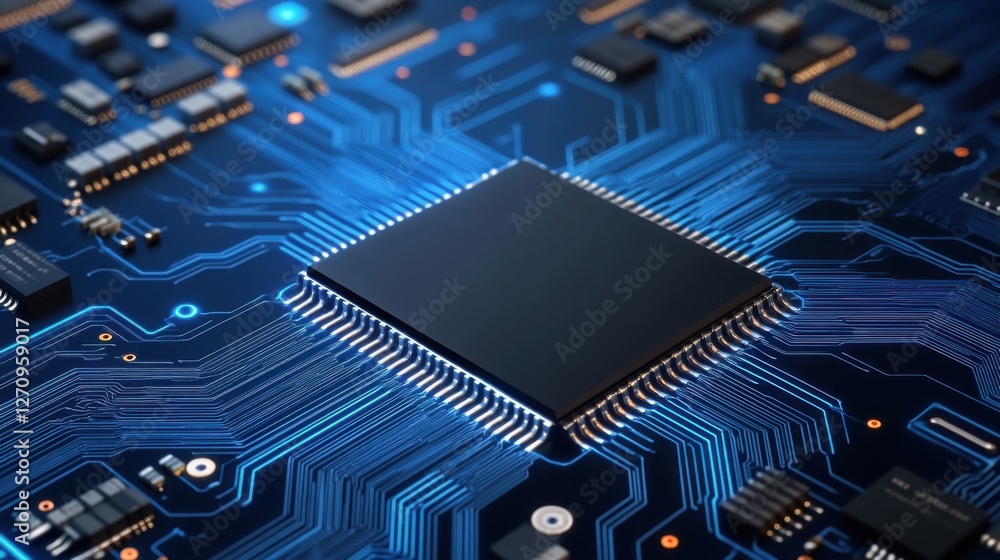 Aufkleber close-up view of microchip on circuit board with blue neon lights and high-tech design elements
