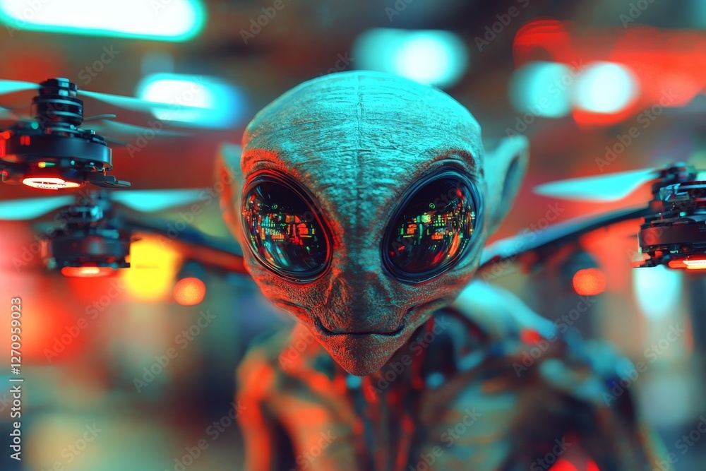 Poster alien creature with drone technology in a vibrant, futuristic environment creating an intriguing vis