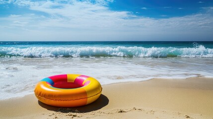 Obraz premium A colorful inflatable ring placed on the beach sand, ready for a fun day in the ocean or pool, with waves crashing in the distance