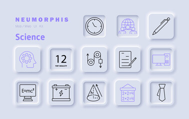 Science set icon. Brain with gear, clock, teamwork, pen, physics, battery, formulas, engineering, geometry, education, research, innovation, knowledge, mathematics, intelligence