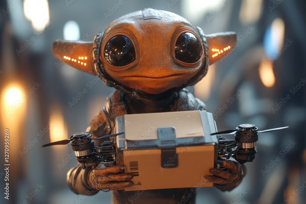 Poster small robot character delivering a package with a drone in a futuristic setting at twilight