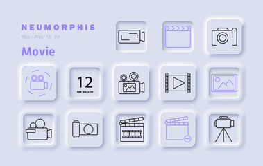 Naklejka premium Movie set icon. Camera, clapperboard, image, film reel, play button, recording, multimedia, digital content, production, video editing, creativity, cinema, entertainment, filmmaking