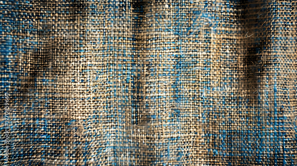 Poster close-up of textured burlap fabric with blue and brown patterns, ideal for rustic design projects
