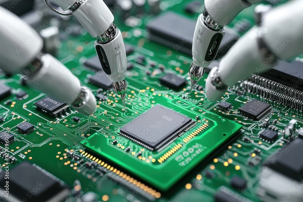 Poster close-up of automated robotic arms precisely testing a microchip on a green circuit board, showcasin