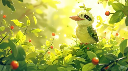 A whimsical bird perched among vibrant green foliage, illuminated by soft sunlight.