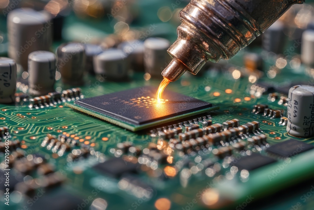 Poster detailed close-up capturing the precision of soldering a microchip on a vibrant green circuit board,