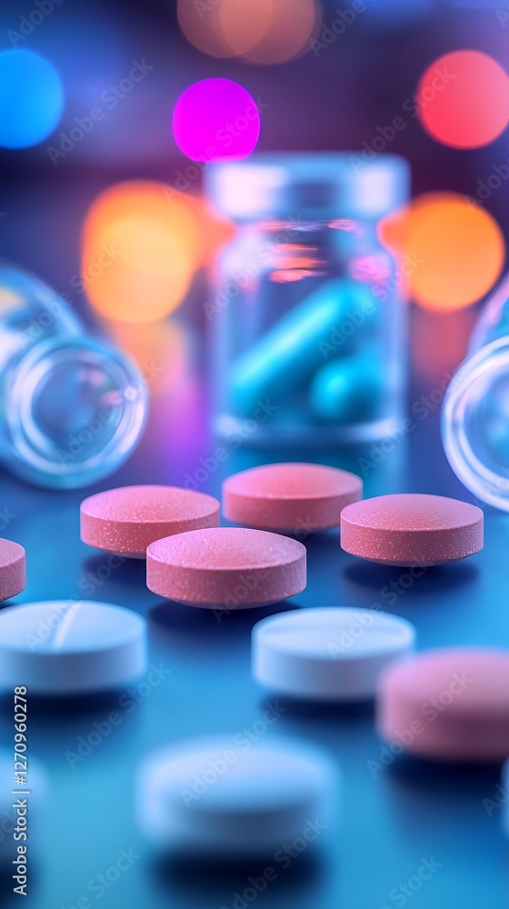 Poster colorful pills and capsules are scattered around, with blurred lights and containers in the backgrou