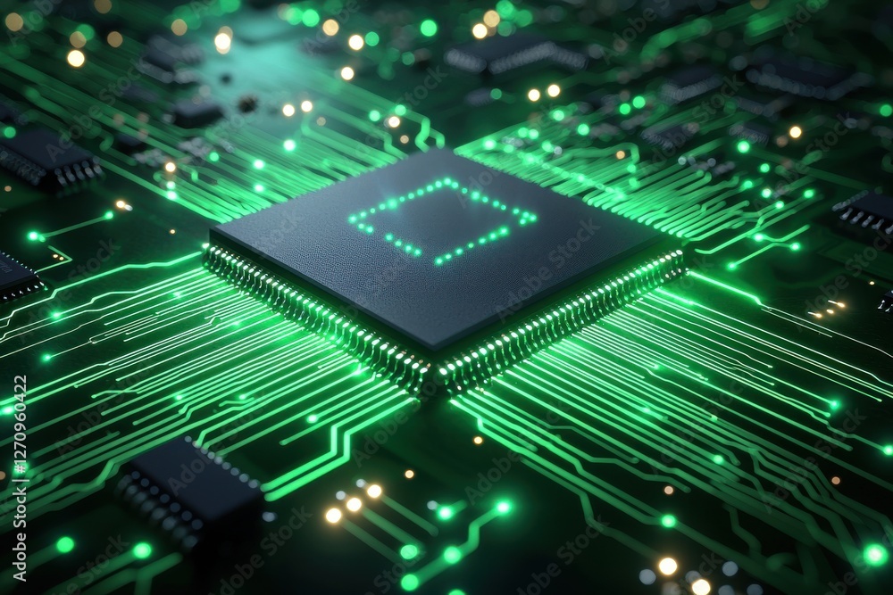 Poster a vivid close-up of a computer motherboard featuring glowing green circuits and a central processing