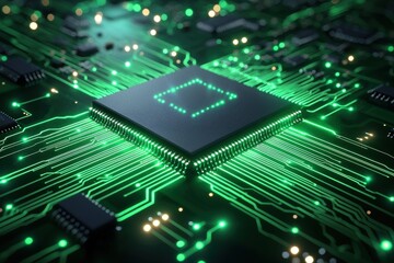 A vivid close-up of a computer motherboard featuring glowing green circuits and a central processing unit, illustrating advanced technology and electronic connectivity concept