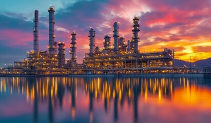 Fototapeta premium Oil gas refinery with its reflection, surrounded by a factory and a petrochemical plant