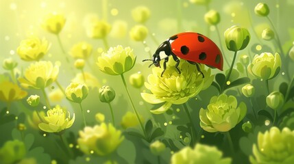 A vibrant ladybug perched on a yellow flower amidst a lush green field.