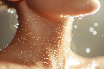A close-up shot showcases a person's neck and upper chest covered in glistening water droplets, illuminated by soft light, creating a refreshing and radiant effect, emphasizing clean beauty.
