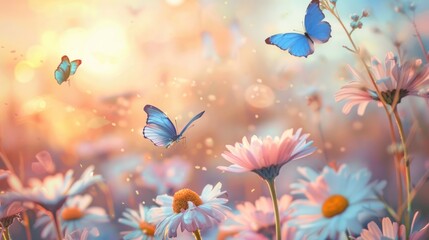 Serene Sunset Meadow: Butterflies and Daisies Dance in Golden Light