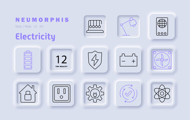 Electricity set icon. Power shield, electric plug, socket, fan, battery, home automation, safety, renewable energy, circuit, efficiency, energy storage, modern technology, system integration