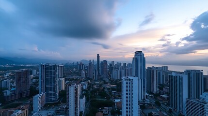 Fototapeta premium Panoramic city skyline under dramatic sky showcasing urban architecture at twilight hours : Generative AI