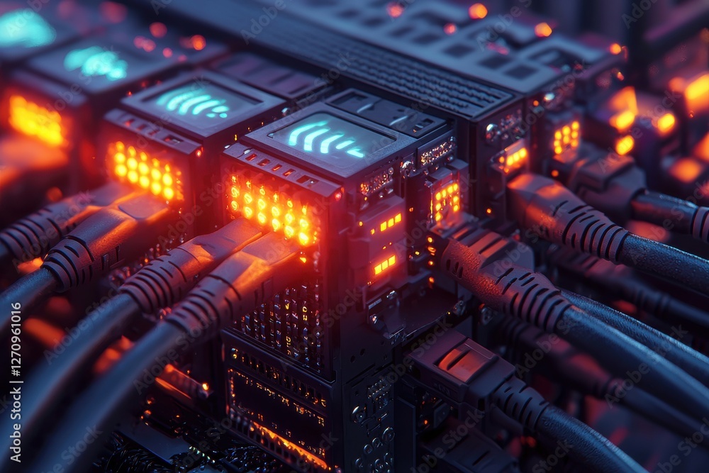 Poster a detailed view of a modern server with cables and illuminating lights, showcasing data transfer and