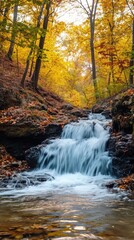 waterfall in colorful forest. Beautiful stream flowing in deep forest landscape. waterfall landscape in Autumn season. Autumn landscape in amazing nature.
