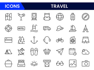 Travel icon set. Summer vacations and holiday symbol vector illustration. Collection of traveling and tourism elements. Travel and tourism icon set. Airplane, trip, beach, passport, camping, hotel