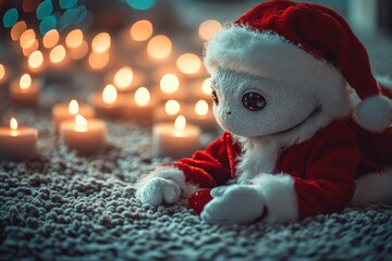 Santa-themed doll in cozy setting with candles glowing during festive holiday season