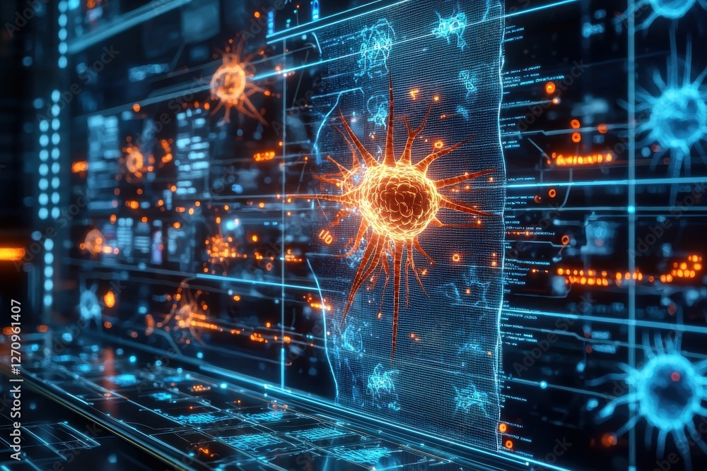 Poster digital rendering of glowing virus cells on a futuristic blue interface, representing technological 