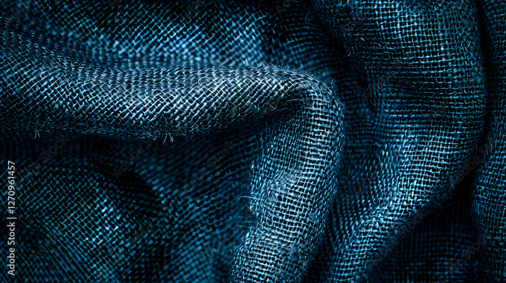 Poster close-up of textured blue fabric showcasing intricate weave patterns and soft draping qualities