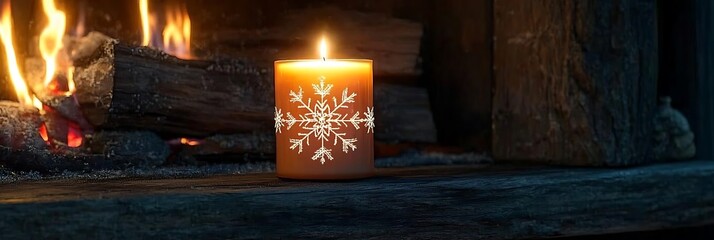 A winter-themed candle with snowflake designs glowing on a rustic fireplace mantel