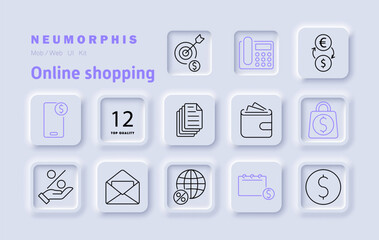 Online shopping set icon. Mobile payments, e-commerce, wallet, financial transactions, shopping cart, currency exchange, online banking, order tracking, digital marketplace, secure payment