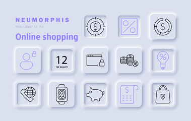 Online shopping set icon. Discount, savings, marketplace, financial security, transaction processing, digital wallet, shopping cart, consumer engagement, e-commerce platform, budget