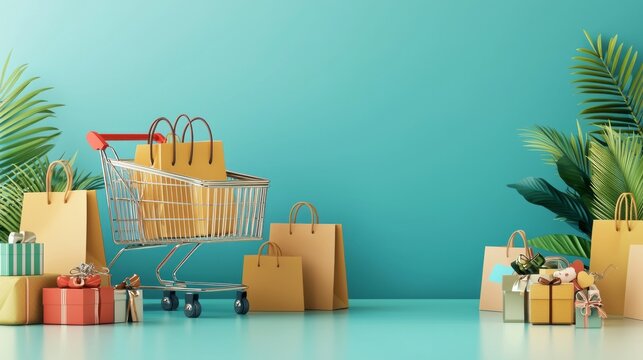 Amidst lush green leaves, a shopping cart brimming with stylish bags stands proudly. Colorful presents surround it, creating a joyful atmosphere perfect for holiday shopping adventures