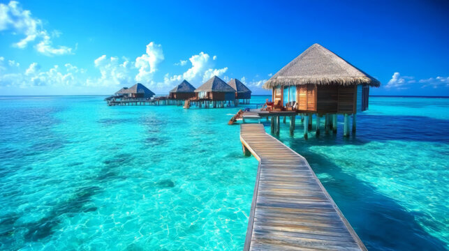 Tropical island with wooden pier over clear waters.